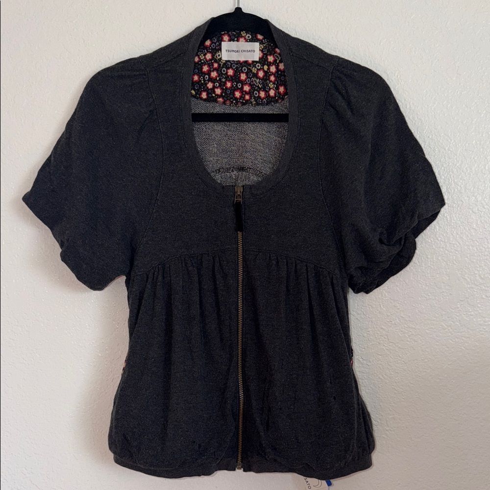 Tsumori Chisato Charcoal Short Sleeve bubble hem cute Y2K  Sweater made in Japan